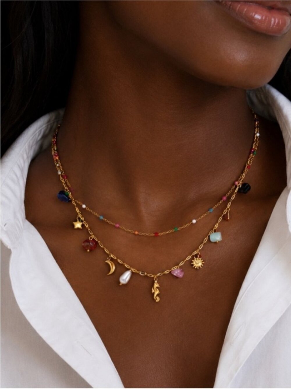 New! Coastal Colorful Gold Beaded Charm Stack Necklace 5008